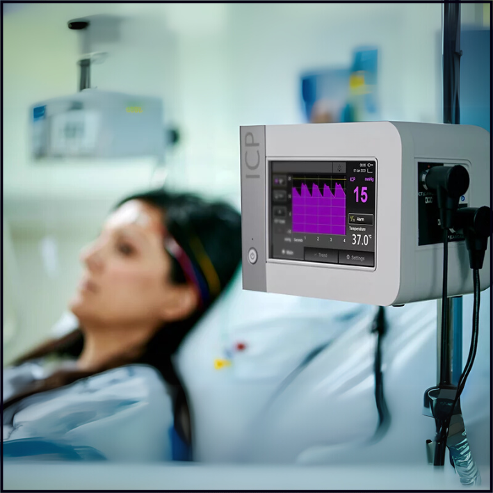 Intracranial pressure (ICP) monitoring devices for measuring and managing brain pressure in critical care settings.
